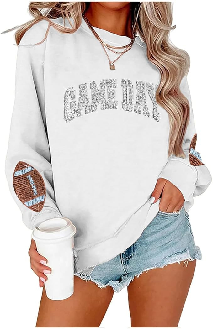 BEIDEFY Game Day Sweatshirt for Women Sequin Football Long Sleeve Shirt Crew Neck Sunday Funday P... | Amazon (US)