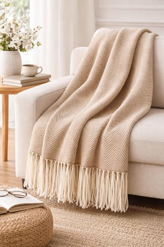 Fennco Styles Herringbone Collection Contemporary Fringed 50 x 60 Inch Throw - Camel Throw Blanke... | Amazon (US)