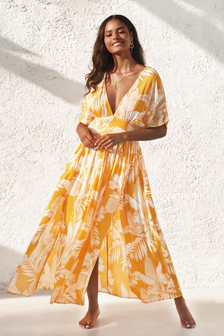 Selena Yellow Floral V-neck Maxi Dress | Cupshe