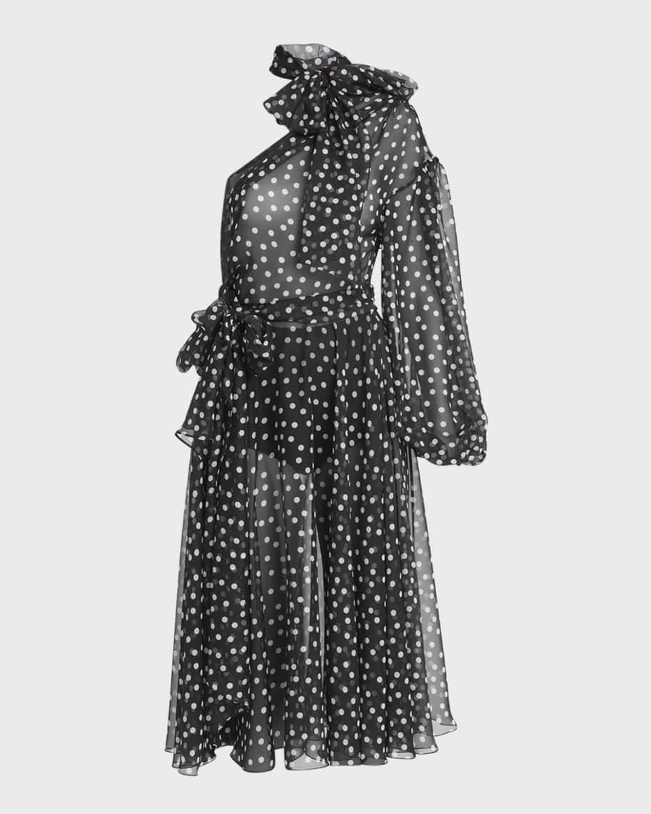 Dolce&Gabbana Coriander Peak Polka-Dot Chiffon One-Shoulder Bow Midi Dress | Neiman Marcus