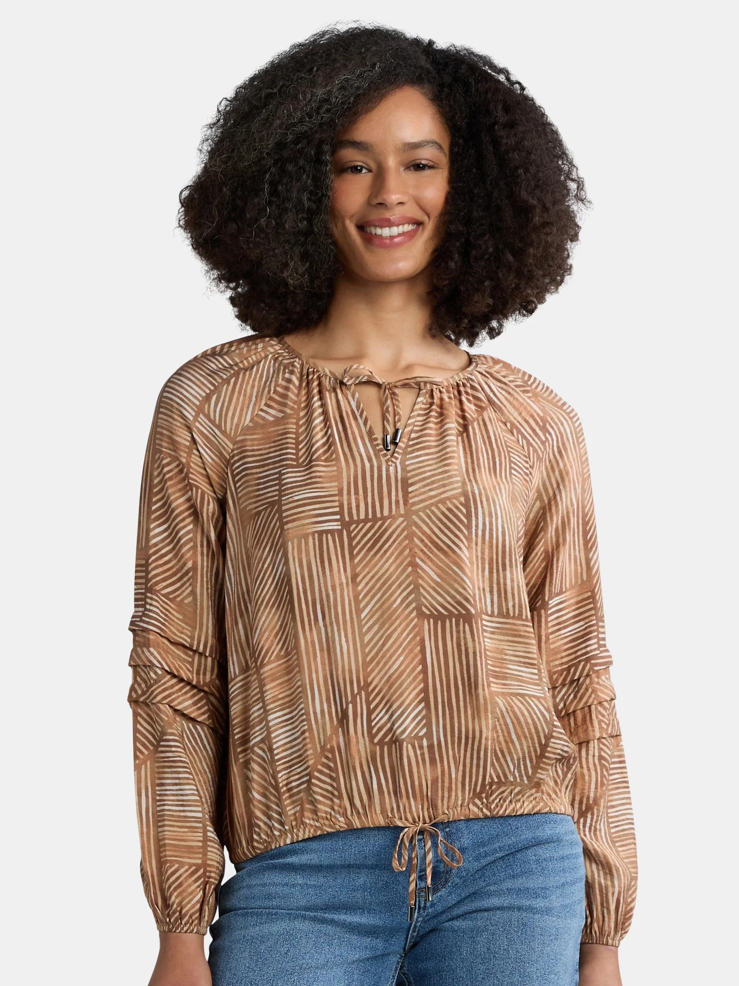 Time and Tru Women's Drawstring Hem Peasant Blouse with Long Sleeves, Sizes XS-XXXL | Walmart (US)