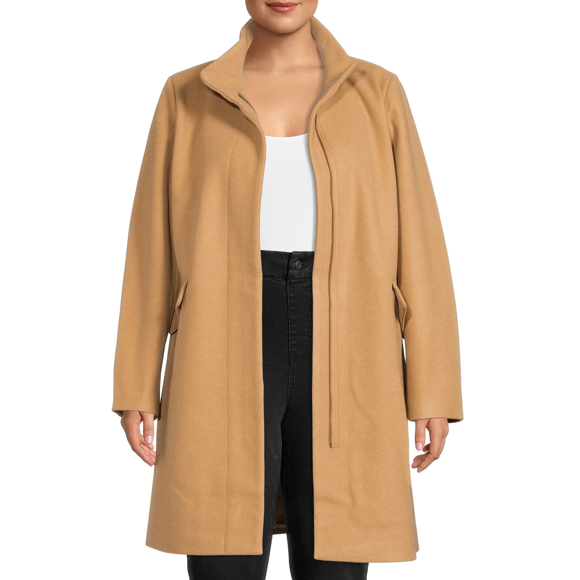 Time and Tru Women’s and Plus Faux Wool Funnel Neck Coat | Walmart (US)