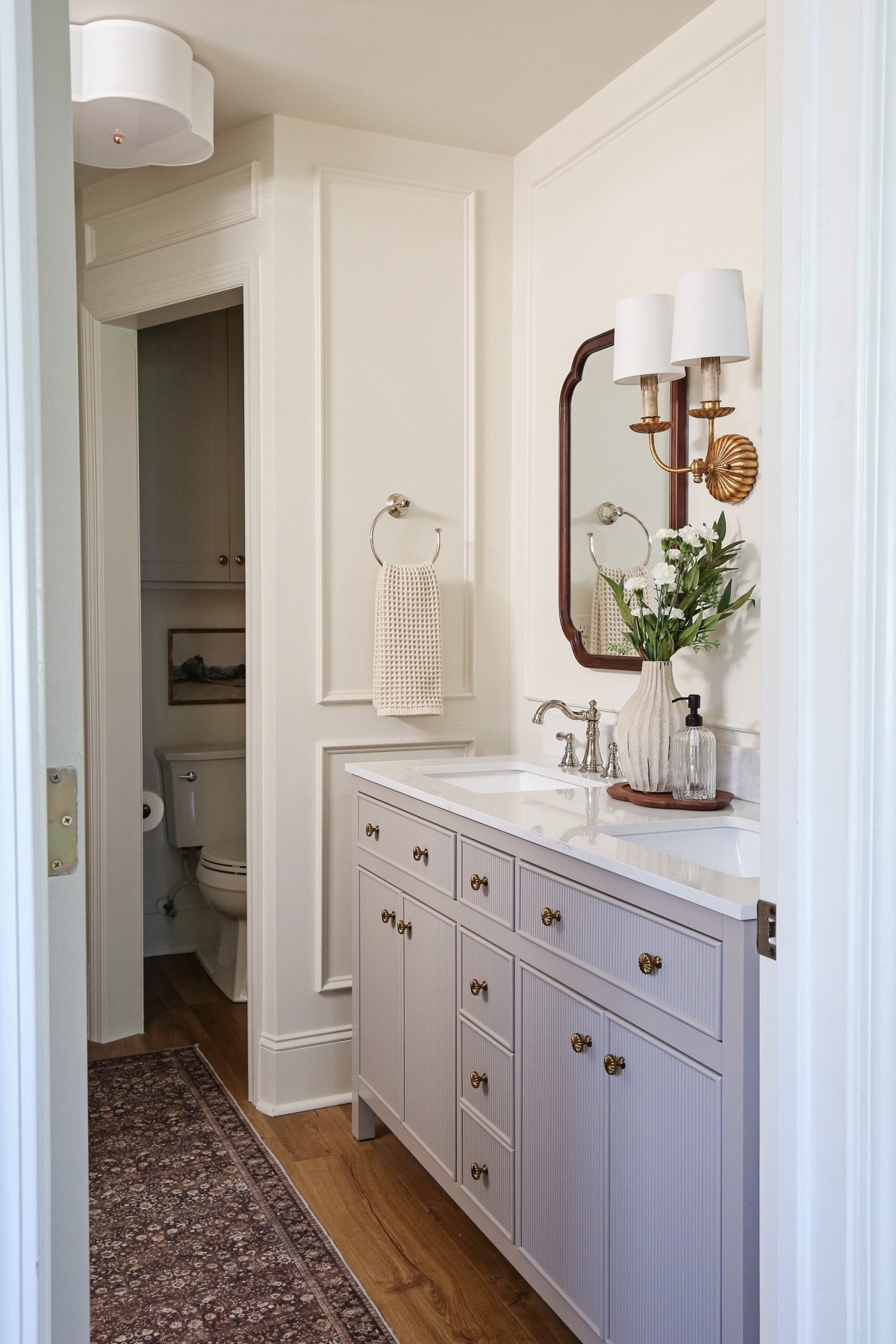 Bathroom lighting from @Wayfair #Wayfair #WayfairPartner #ad Charming, vintage look, double wall sconce with linen shades and fabric flush mount ceiling light in primary bathroom makeover.

#LTKSaleAlert #LTKStyleTip #LTKHome
