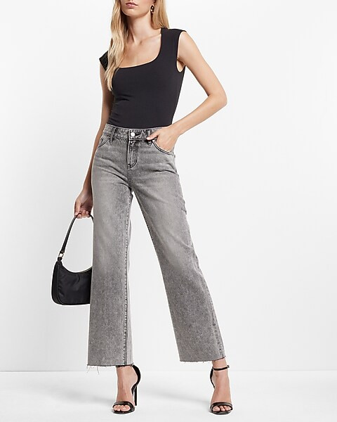 Mid Rise Gray Raw Hem 90s Ankle Boot Jeans | Express