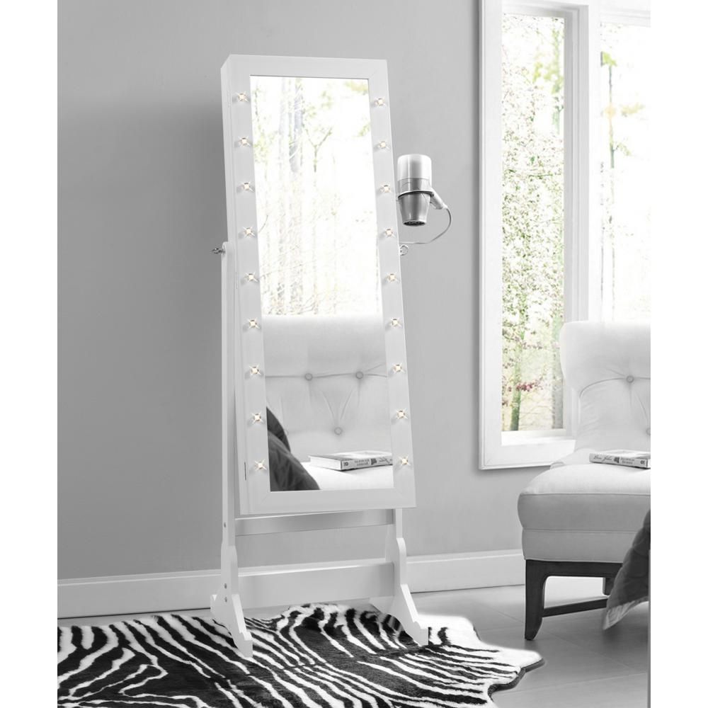 Inspired Home Amelie Marquee LED Light Cheval Floor Mirror White Jewelry Armoire Organizer | The Home Depot