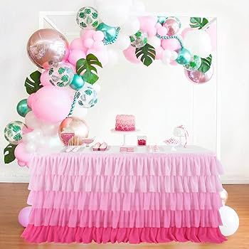 Besutolife Pink Table Skirt Tutu Ruffled Tablecloth for Rectangle Table 6ft Baby Shower Birthday ... | Amazon (US)