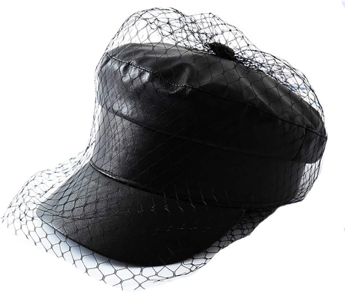 Spring Summer Octagonal Cap Women Solid Black PU Lace Veil Newsboy Caps Fashion Beret Hats | Amazon (US)