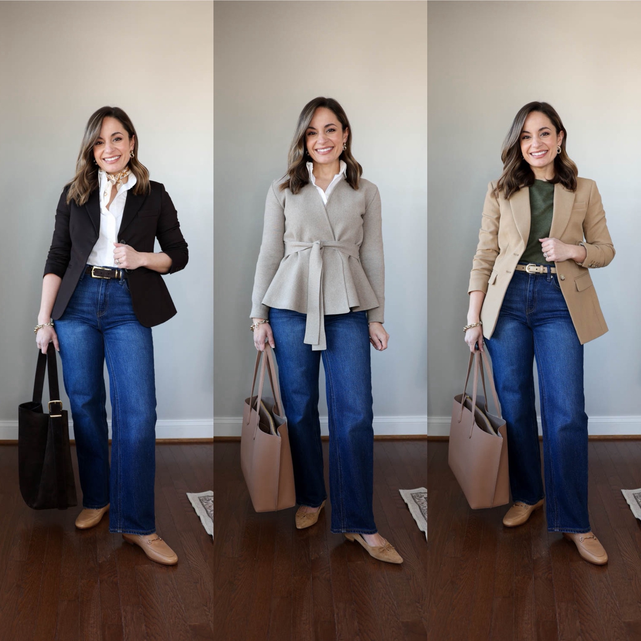 A petite-friendly winter workwear capsule wardrobe: outfits for work with jeans!

Jeans (Quince): 24 x 28” in stormy blue - jeans start at a 26” inseam, in wearing 28”. True to size stretch denim that holds shape with wear. Slight shrinkage in the dryer, mine have shrunk 1” in length over time. 

7 tops 
Tan V-neck cardigan (Quince): xs in oatmeal 
Green sweater (J.Crew Factory): xxs
Black cardigan (Gap): xxs (recommend a size up) 
Mauve cardigan (Madewell): xxs 
Gray cardigan (Quince): xs 
Taupe cardigan (Quince): xxs in nomad taupe 
White button down (J.Crew Factory): petite xxs 

3 base layers 
Brown top (Amazon): xs 
Black turtleneck (J.Crew Factory): xxs 
White top (Quince): xs 

3 blazers 
Plaid blazer (BR Factory): petite 00 (mostly sold out in petite) 
Tan blazer (J.Crew): petite 00 
Brown blazer (Banana Republic): petite xxs (recommend a size up) 

My measurements for reference: I’m 4’10” and 105lbs. My bust, waist, and hip measurement is 32”, 24”, and 36”.