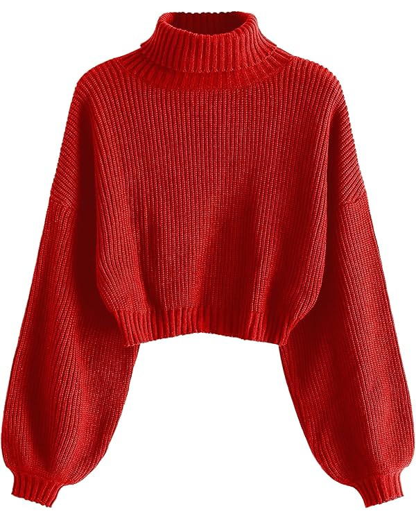 ZAFUL Women's Cropped Turtleneck Sweater Lantern Sleeve Ribbed Knit Pullover Sweater Jumper | Amazon (US)