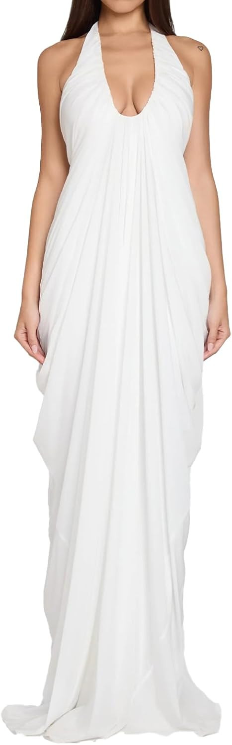 ABYOVRT Women Floor Length Dress Halter Deep V Cascade Drape Gown | Amazon (US)