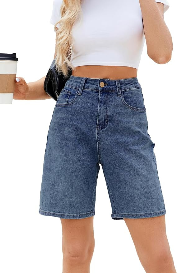 Women's High Waisted Stretchy Bermuda Denim Shorts - Trendy Casual Loose Fit | Amazon (US)