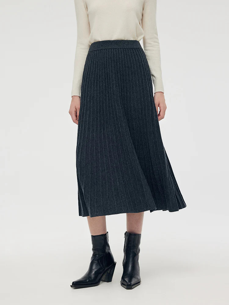 100% Wool A-Line Pleated Women Midi Skirt | GOELIA