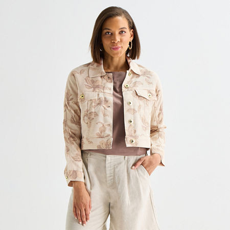 Liz Claiborne Floral Womens Lightweight Cropped Jacket, X-large, Beige | JCPenney