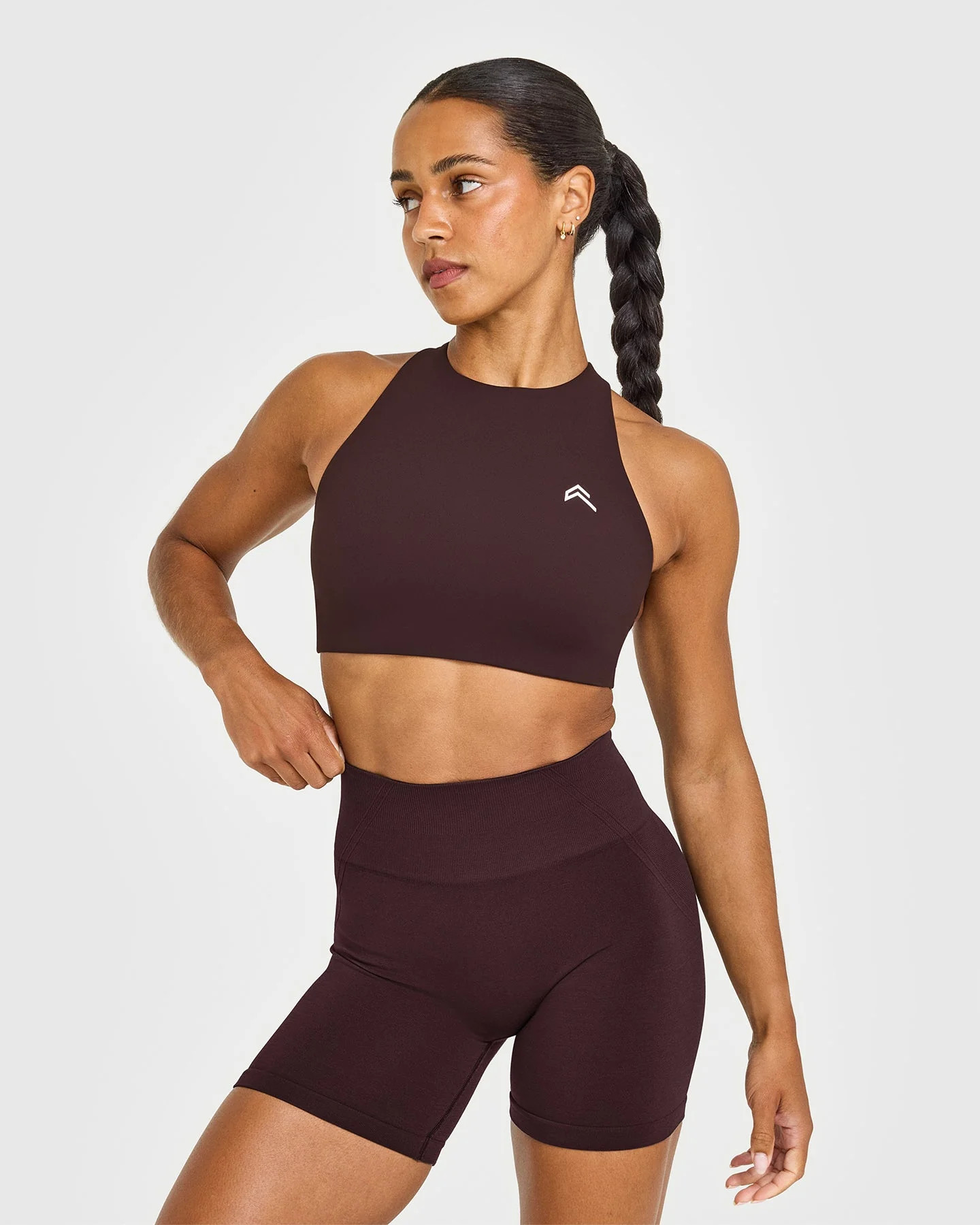 EasyLift\u2122 High Neck Sports Bra with White Logo 
 Plum Brown | Oner Active (UK / US)