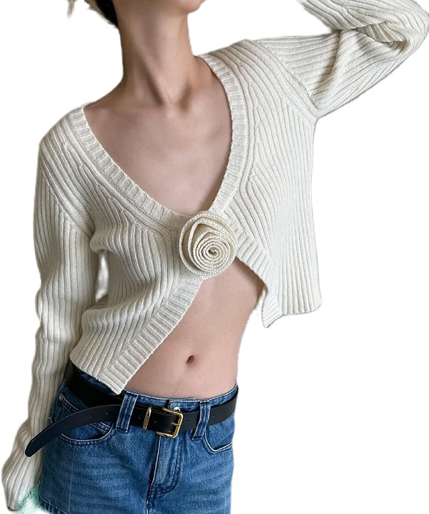 Women Long Sleeve Knit Crop Top 3D Rosette Ribbed Slim Fit Shirt Tops Y2k Low Cut Cropped Sweater... | Amazon (US)