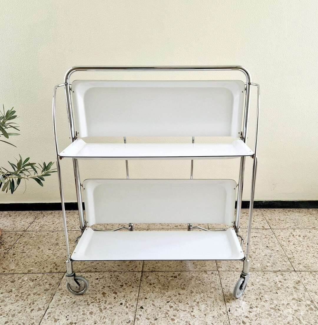 Vintage German Serving Trolley in White, 60s Foldable Bar Cart GERLINOL, MCM Chromed Side Table o... | Etsy (US)