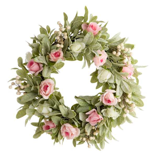 Pink & Green Rose with Flocked Leaves Wreath, 24" | At Home