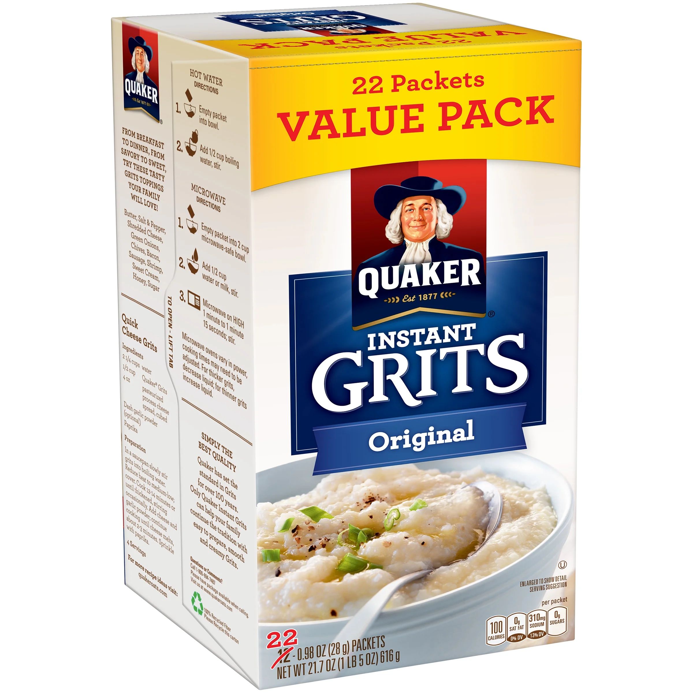 Quaker, Instant Grits Value Pack, 0.99 oz, 22 Packets - Walmart.com | Walmart (US)