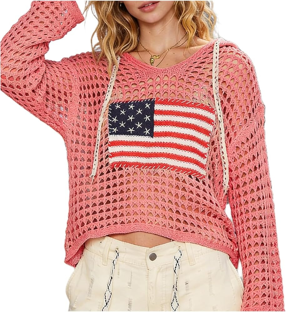 Womens American Flag Open Knit Crochet Sweater Tops Long Sleeve V-Neck Hollow Out Hoodies Summer ... | Amazon (US)