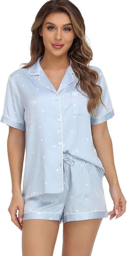 Serenedelicacy Women's Satin Pajama Set 2-Piece Sleepwear Loungewear Button Down Short Sleeve PJ ... | Amazon (US)