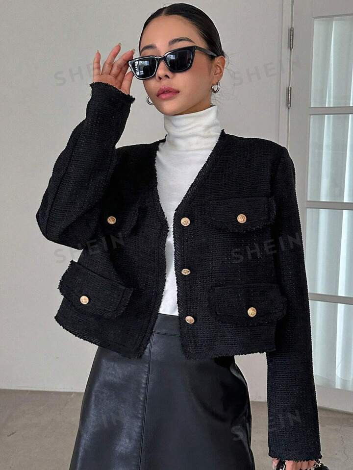 DAZY Flap Detail Button Front Crop Jacket | SHEIN