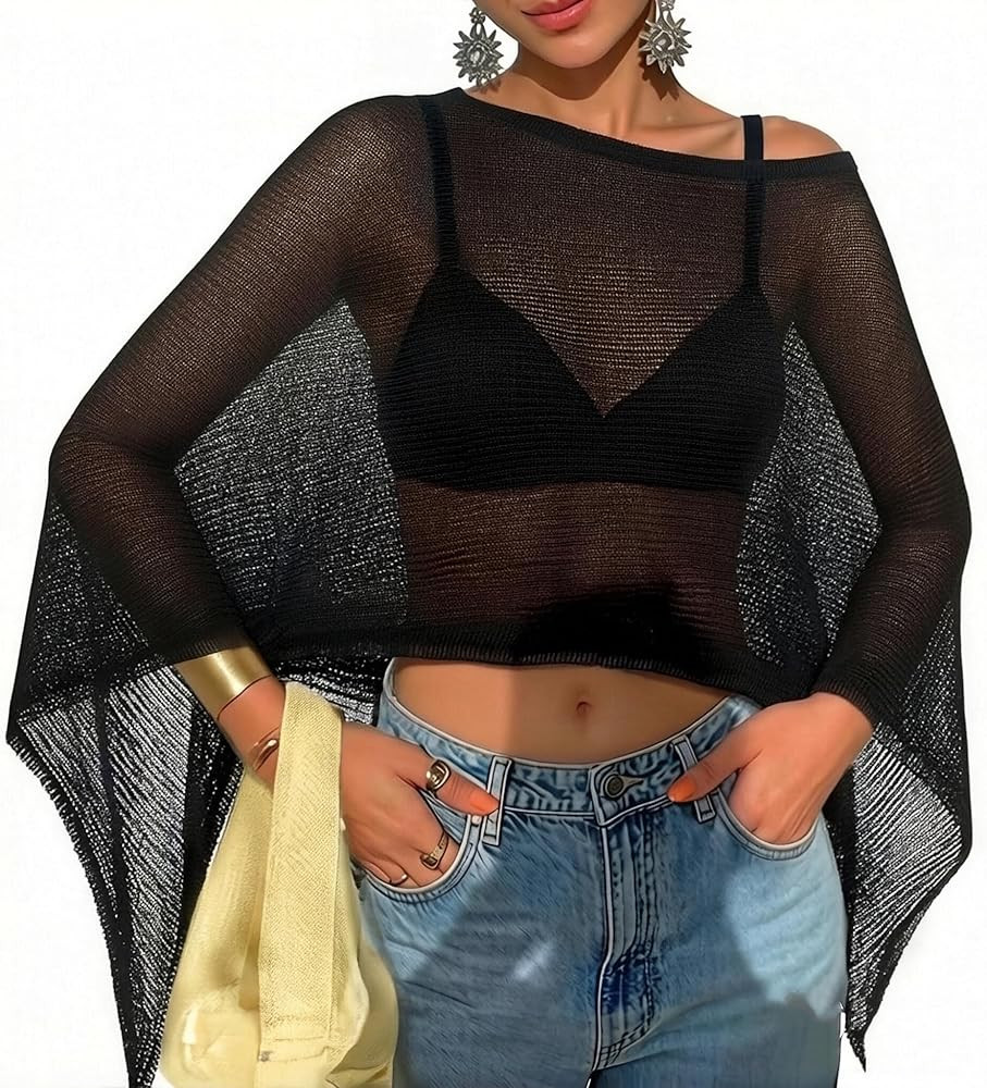 Women Sheer Poncho Top Lightweight Knit Crochet Shrug Bolero Mesh Batwing Sleeve Sweater Cover Up... | Amazon (US)