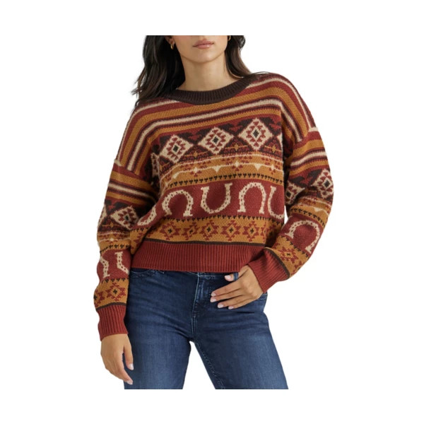 Women's Wrangler Pullover Sweater Horseshoe Aztec Large Burgundy Brown | Scheels