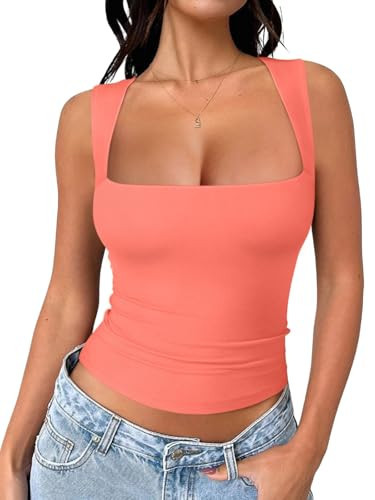 REORIA Women's Sexy Going Out Crop Tops Square Neck Double Lined 2025 Fashion Cute Basic Trendy Tank Tops Summer Y2k Teen Girls Clothing Orange Medium | Amazon (US)