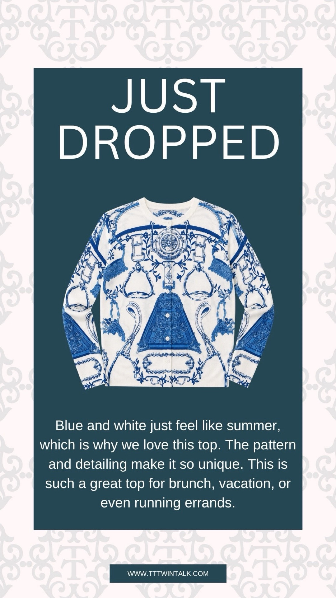 Blue and white always feels right for summer, and this top is such a pretty find. We love the pattern, the detailing, and how easy it is to style with jeans, white pants, or shorts. It’s a great piece for brunch, vacation, or running errands.

#LTKdayinmylife #LTKootd #LTKgrwm