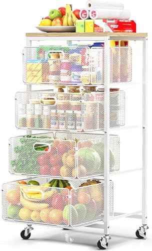 Rolling Kitchen Cart with Drawers, 4-Tier Utility Cart Fruit Vegetable Storage Cart with Lockable... | Amazon (US)