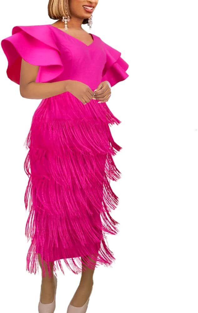 AOMEI Women's Rose V Neck Ruffles Sleeve Patchwork Fringe Tiered Midi Dress | Amazon (US)