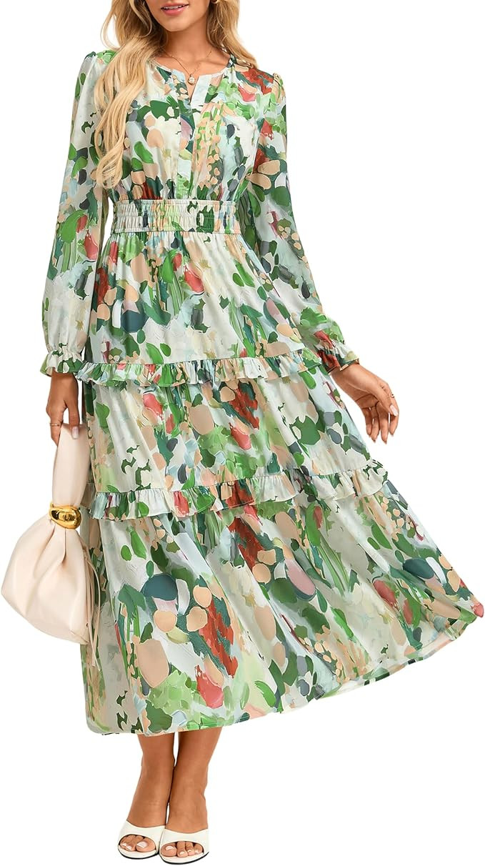 GRACE KARIN Women's Floral Long Sleeve Maxi Dress 2026 V Neck Fall Wedding Guest Outfits Boho Flo... | Amazon (US)