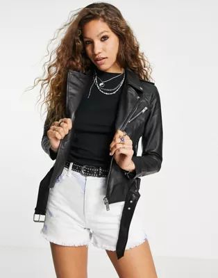 Barneys Originals Emma real leather jacket with belt in black | ASOS (Global)