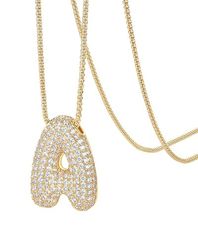 PAVOI 14K Yellow Gold Plated Cubic Zirconia Bubble Initial Necklace for Women - Gold Balloon Pendant - Chunky Letter A Necklace | Amazon (US)