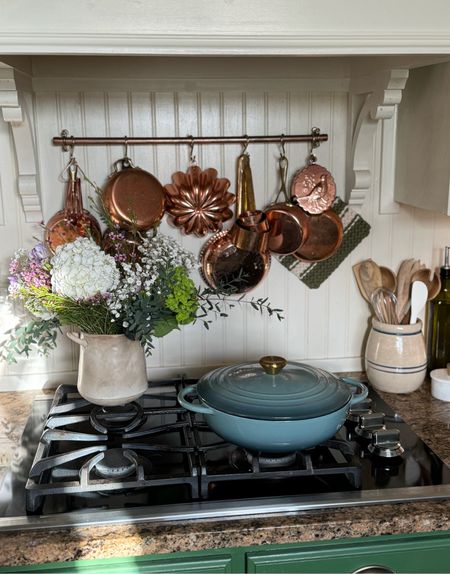 Copper kitchen pots and pans, copper molds, cast iron braiser, Dutch oven, vintage crocks, utensil holder, pot rail, kitchen inspo

#LTKhome #LTKSeasonal #LTKfindsunder50