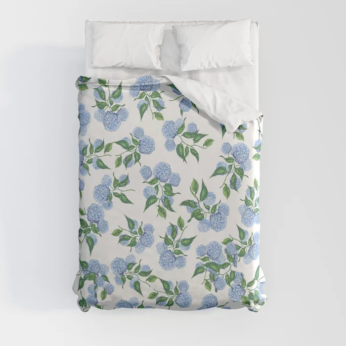 Hydrangea blue flowers, botanicals, blue and white floral Duvet Cover | Society6