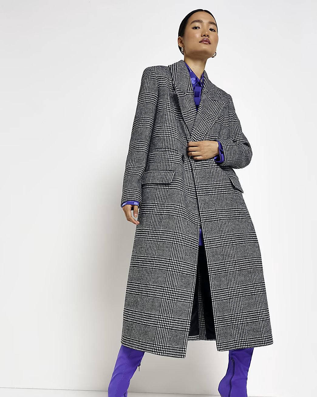 Black check straight longline coat | River Island (US)