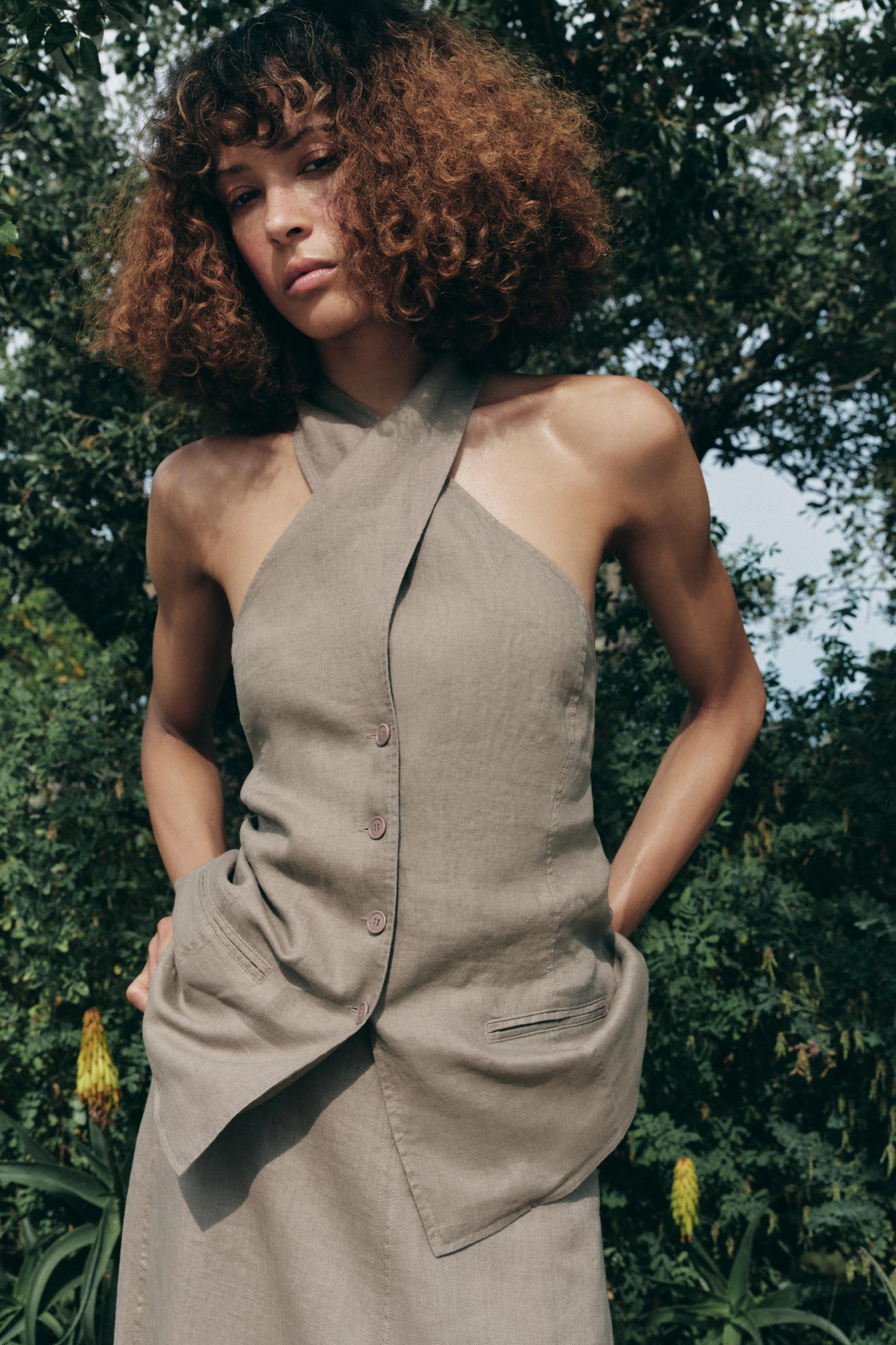ZW COLLECTION 100% LINEN HALTER WAISTCOAT TOP | Zara UK