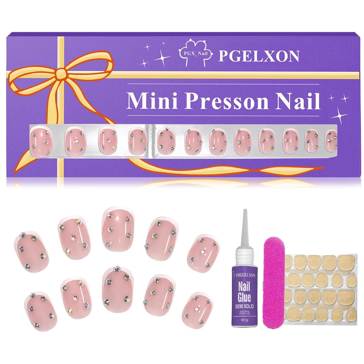 Kids Press on Nails, French with 3D Nail Rhinestones, Press On Nails for Kids 8-10, 24Pcs Oval Fa... | Amazon (US)