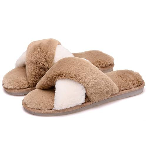 Womens Faux Fur Slippers Soft Plush Warm House Shoes Anti Slip Open Toe Indoor Outdoor Slippers | Amazon (US)
