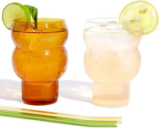 Rhoji 16 oz Drinking Glasses Set with 2 Reusable Glass Straws, Set of 2, Unique Vintage Glassware... | Amazon (US)