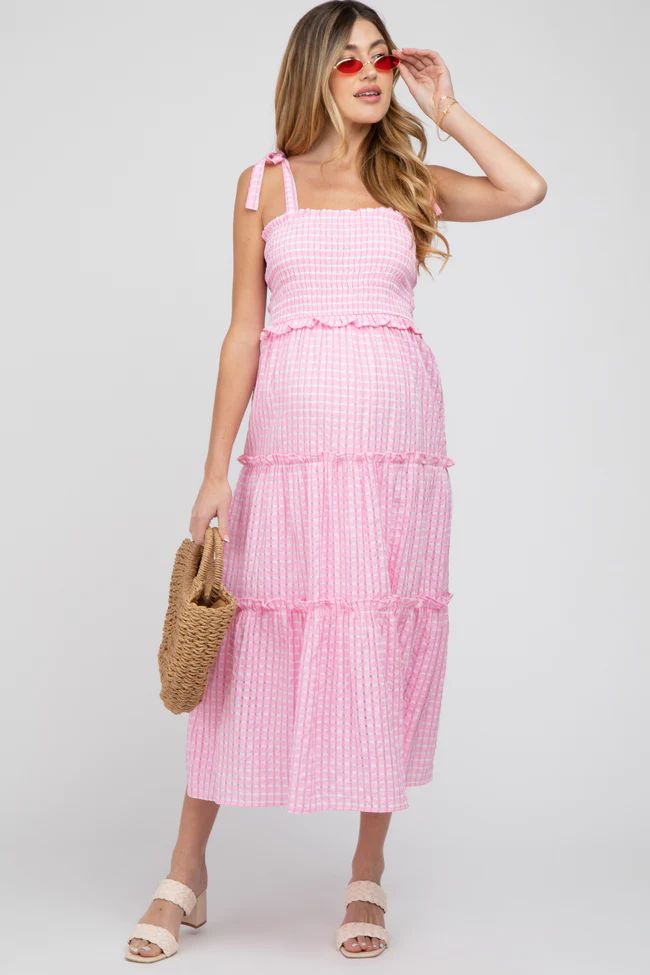 Pink Striped Smocked Shoulder Tie Maternity Midi Dress | PinkBlush Maternity