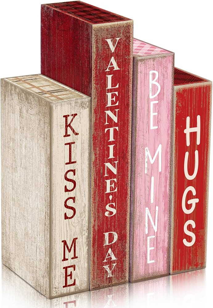 Lineshading 4 Pcs Valentines Day Decoration Wooden Book Valentine's Day Table Decoration Pink Red... | Amazon (US)