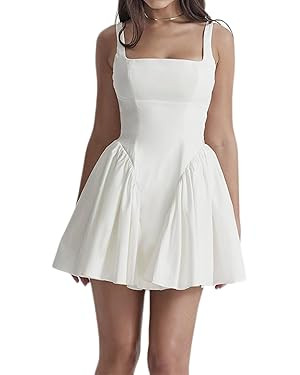 Womens Square Neck Dress Sleeveless Backless Swing A-Line High Waist Tie Waist Ruffle Hem Summer ... | Amazon (US)