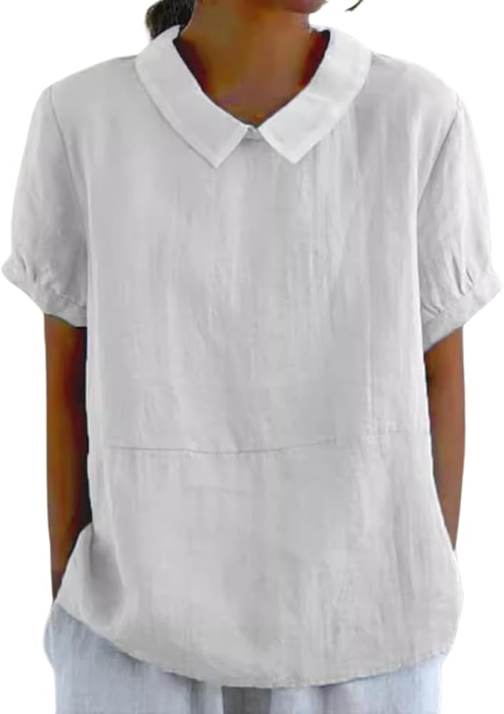 Cotton Linen Shirts for Women Summer Short Sleeve Casual Collared Work Blouse Tunic Tos | Amazon (US)