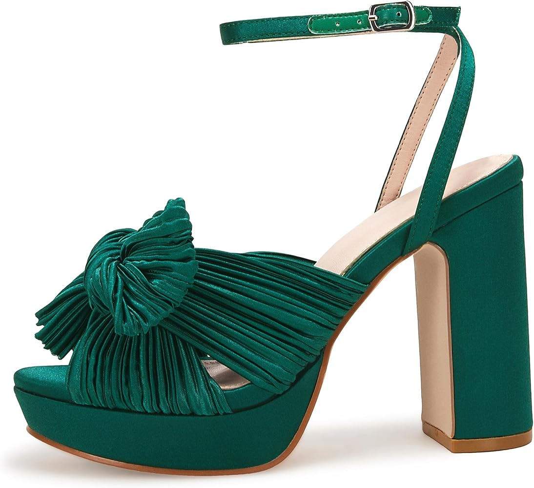 VETASTE Women's Pleated Bow Knot Platform Heeled Sandals Open Toe Chunky Block Heel Ankle Buckle ... | Amazon (US)