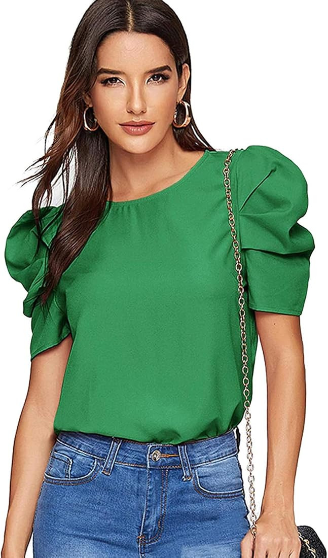 Floerns Women's Round Neck Short Puff Sleeve Keyhole Back Blouse Tops | Amazon (US)