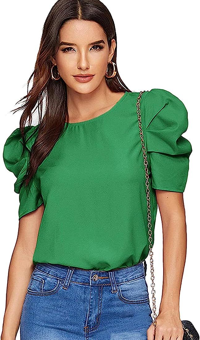 Floerns Women's Round Neck Short Puff Sleeve Keyhole Back Blouse Tops | Amazon (US)