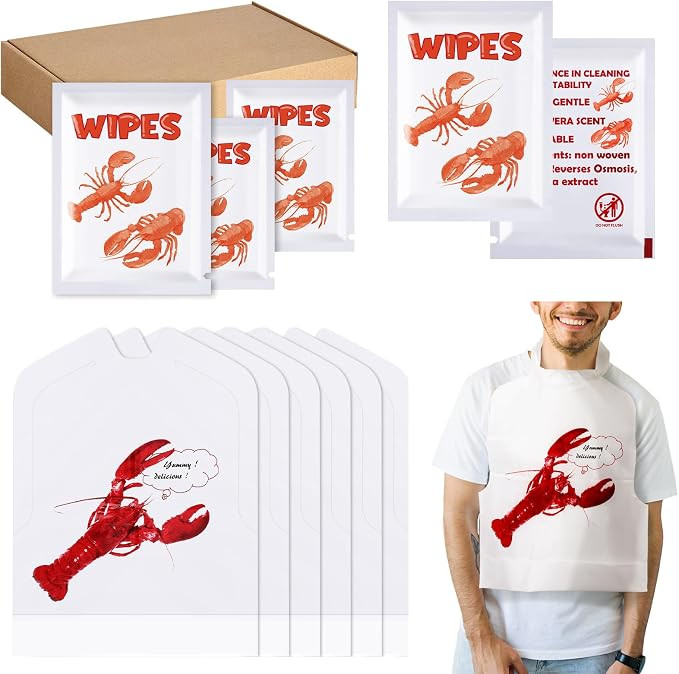 Wesiti 100 Pcs Lobster Crab Bib Wet Wipe Set 50 Crawfish Bib Disposable Adult 50 Moist Towelettes... | Amazon (US)