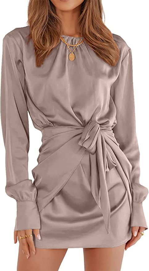 ANRABESS Women Casual Long Sleeve Crewneck Ruched Wrap Short Party Dress Tie Waist Satin Cocktail... | Amazon (US)